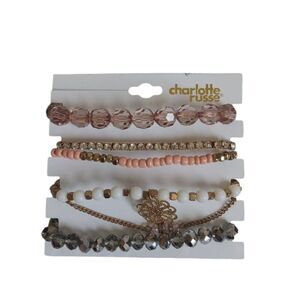 Charlotte Russe Set of 6 Gold Toned and Pink Assorted Beaded Elastic Bracelets